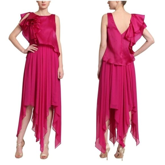 Badgley Mischka Pink Georgette Draped Barbiecore Formal Gown $795